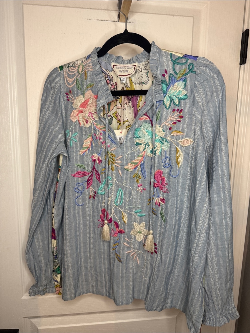 Johnny Was Light Blue Striped Embroidered Floral Peasant Blouse